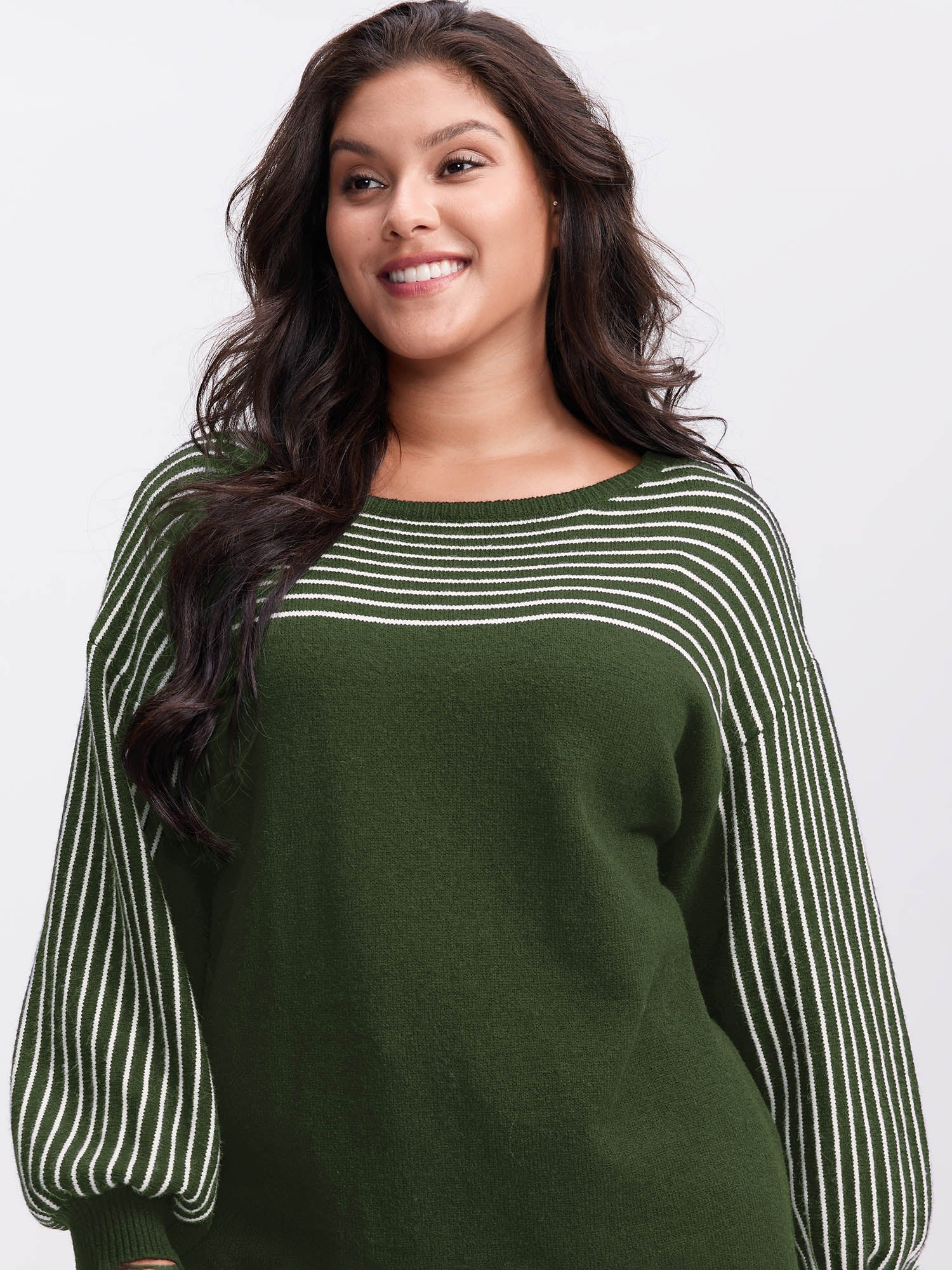 Stripe Boat Neck Balloon Sleeve Pullover