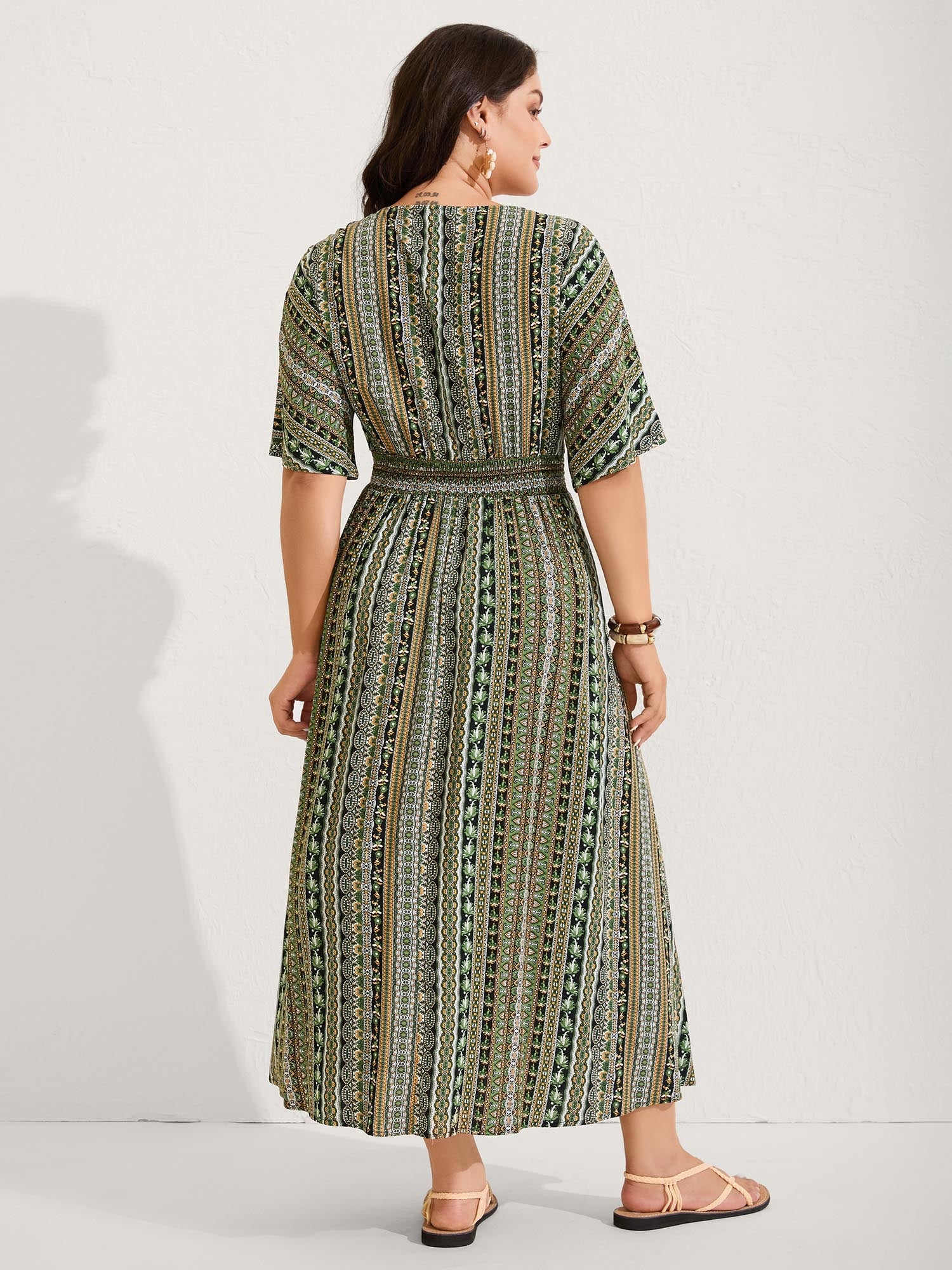 Striped Contrast Dolman Sleeve Shirred Pocket Split Flutter Dress