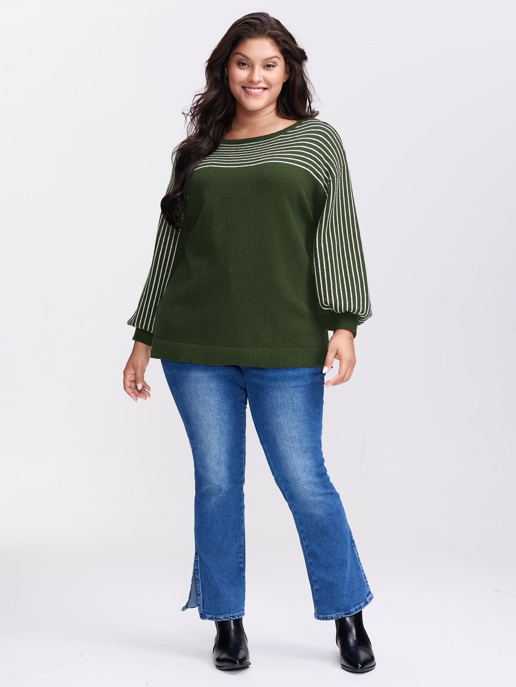 Stripe Boat Neck Balloon Sleeve Pullover