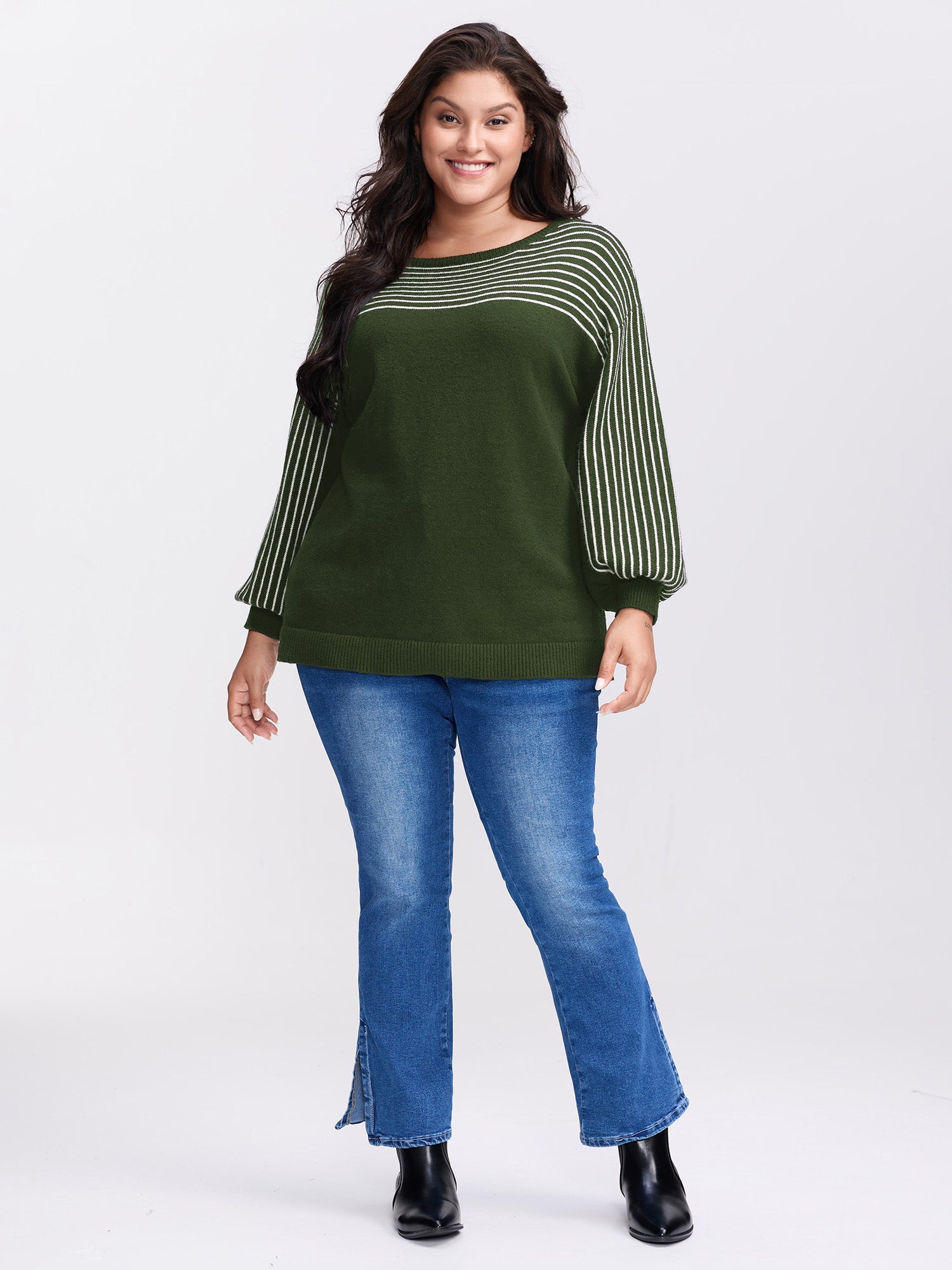 Stripe Boat Neck Balloon Sleeve Pullover