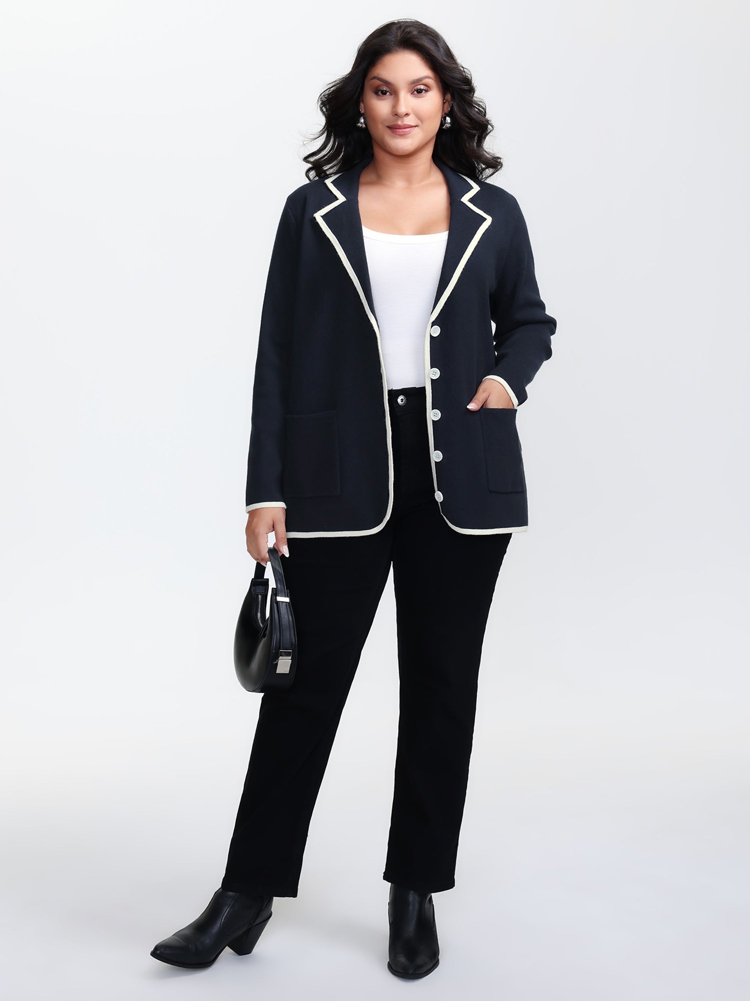 Blazer Collar Pockets Color Contrast Knit Cardigan