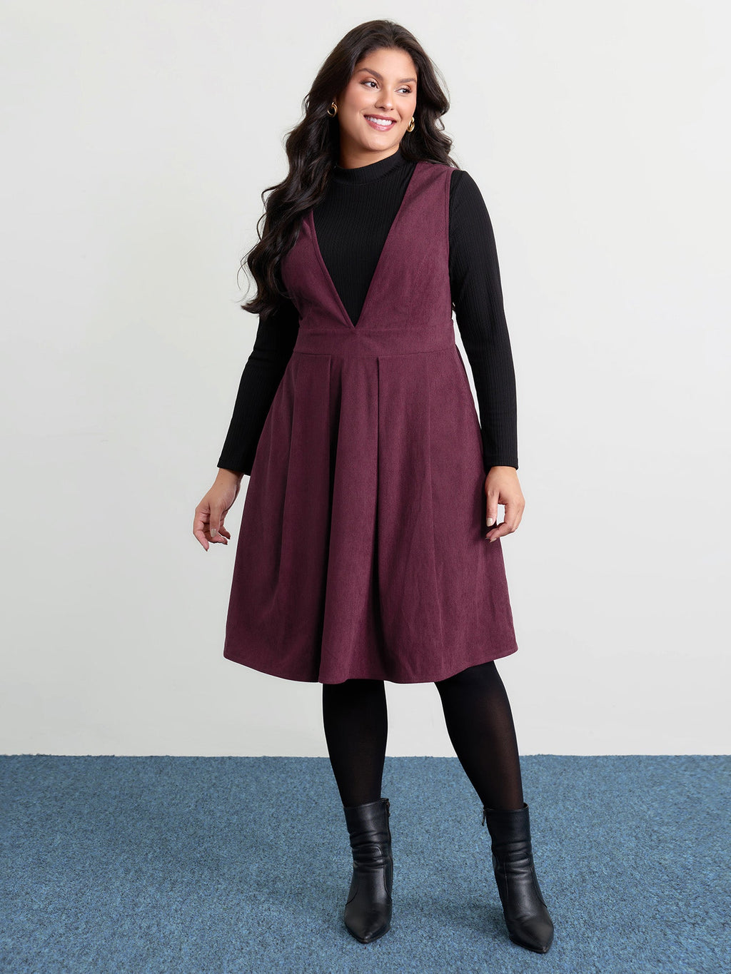 Corduroy Stretchy Waist V-Neck Midi Dress