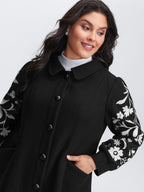 Floral Embroidered Sleeve Slant Pockets Coat