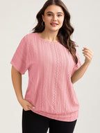 Eyelet Trim Stretchy Textured Plain Top
