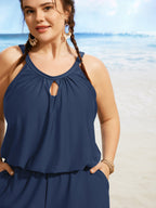 Solid Keyhole Elastic Waist Gathered One Piece Swimsuit