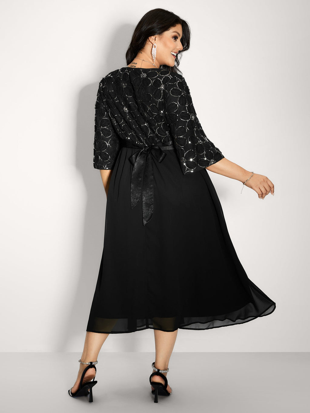 Sequin Floral Tulle Shirred Waist Maxi Dress