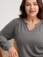 Waffle Grid Notched Collar Lace Sweatshirt