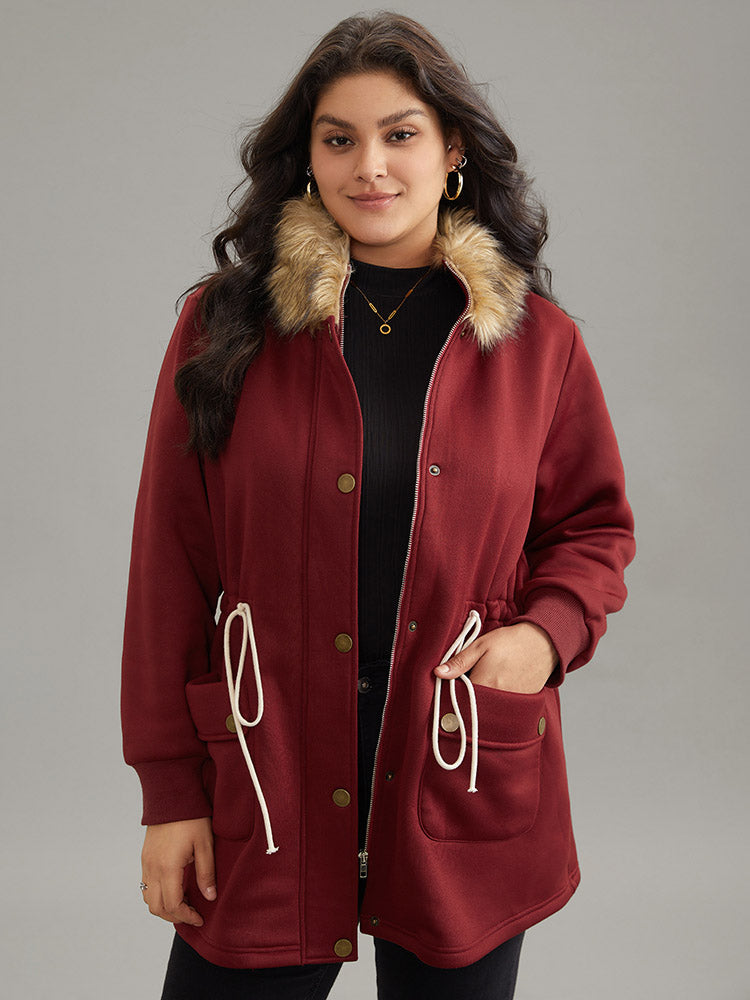 Plian Drawstring Zipper Fuzzy Trim Hooded Coat