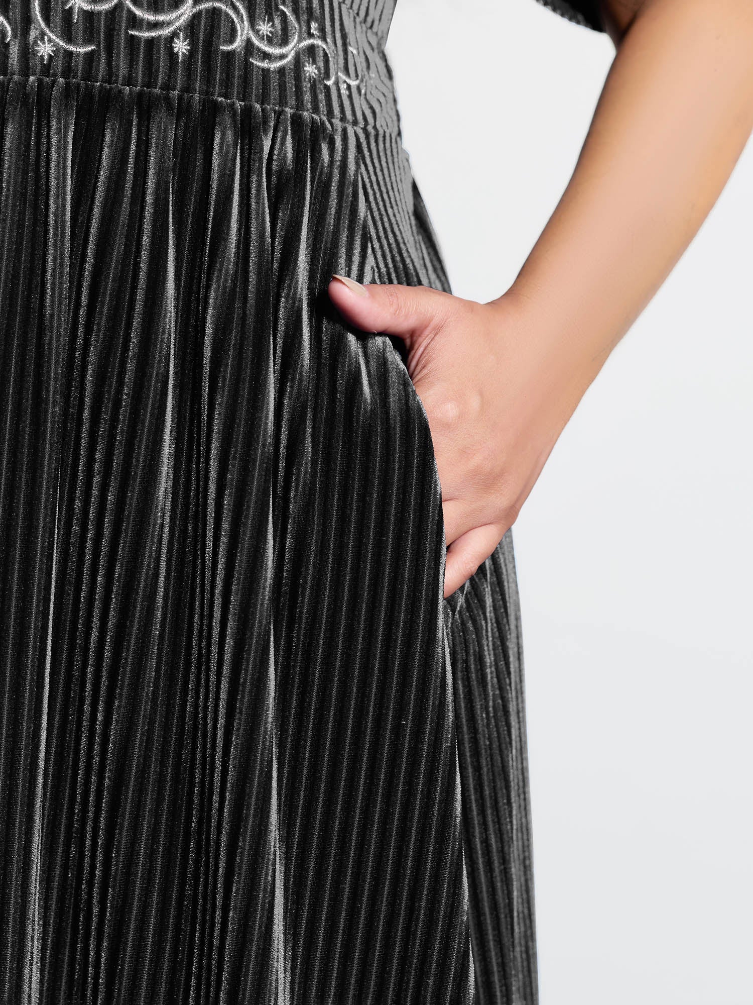 Velvet Celestial Embroidery Shirred Maxi Dress