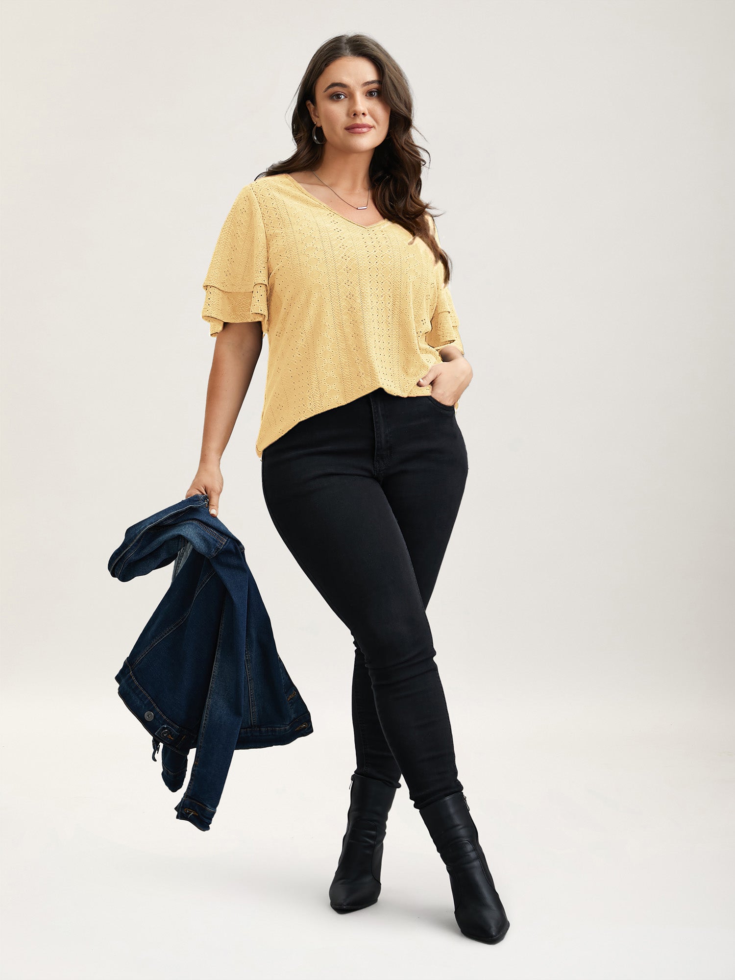 Jacquard Textured Lotus Leaf Sleeve Top