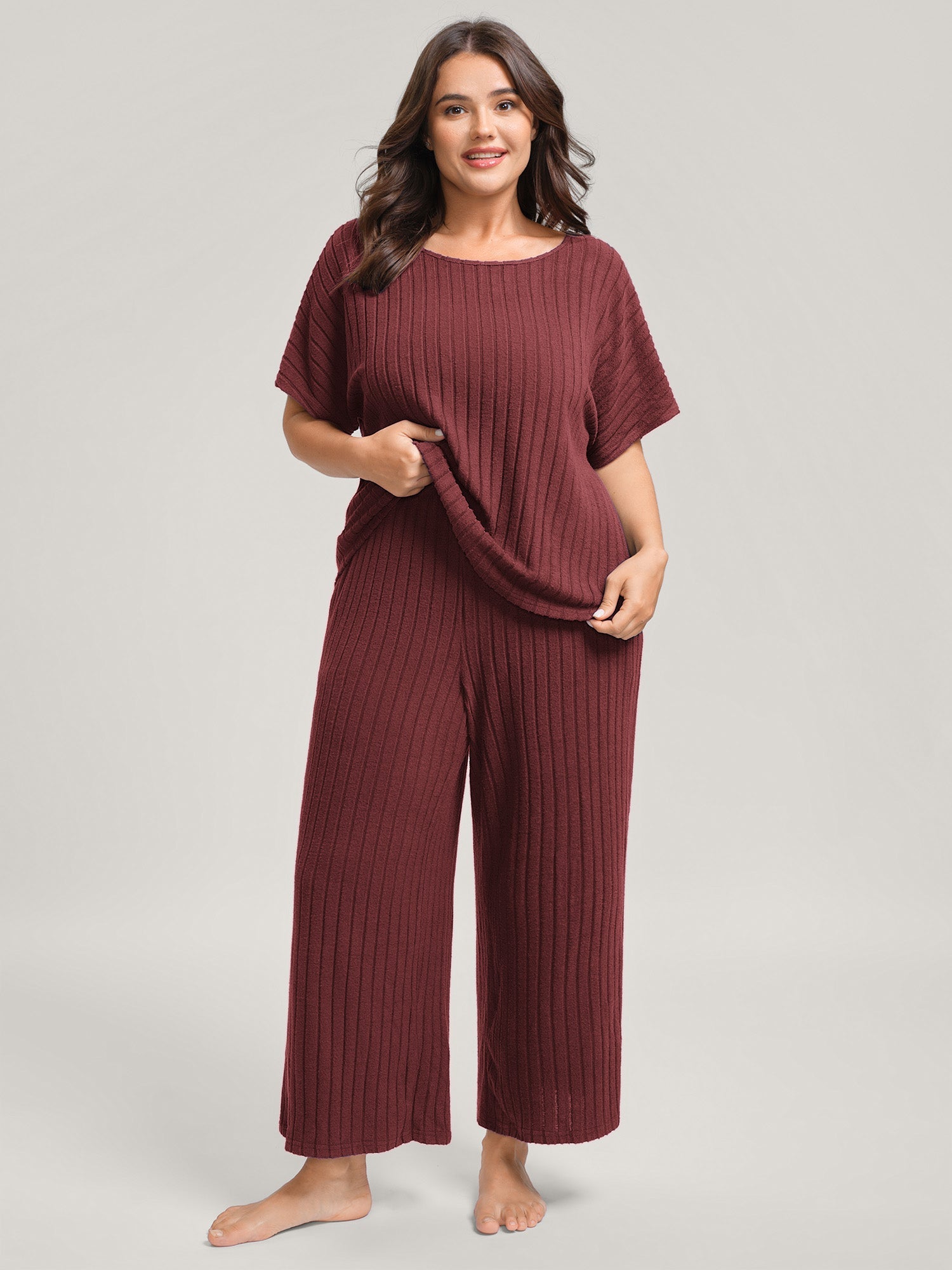 Stretchy Pit Strip Solid Loungewear Set