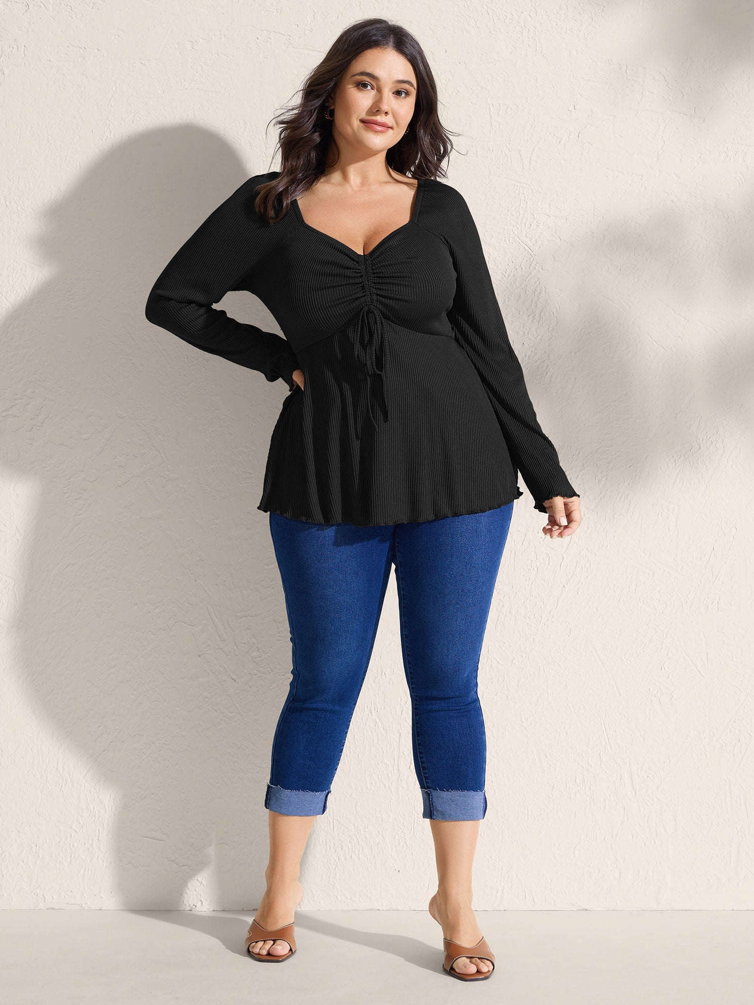 Ribbed Adjustable Drawstring Bodice Flared T-Shirt