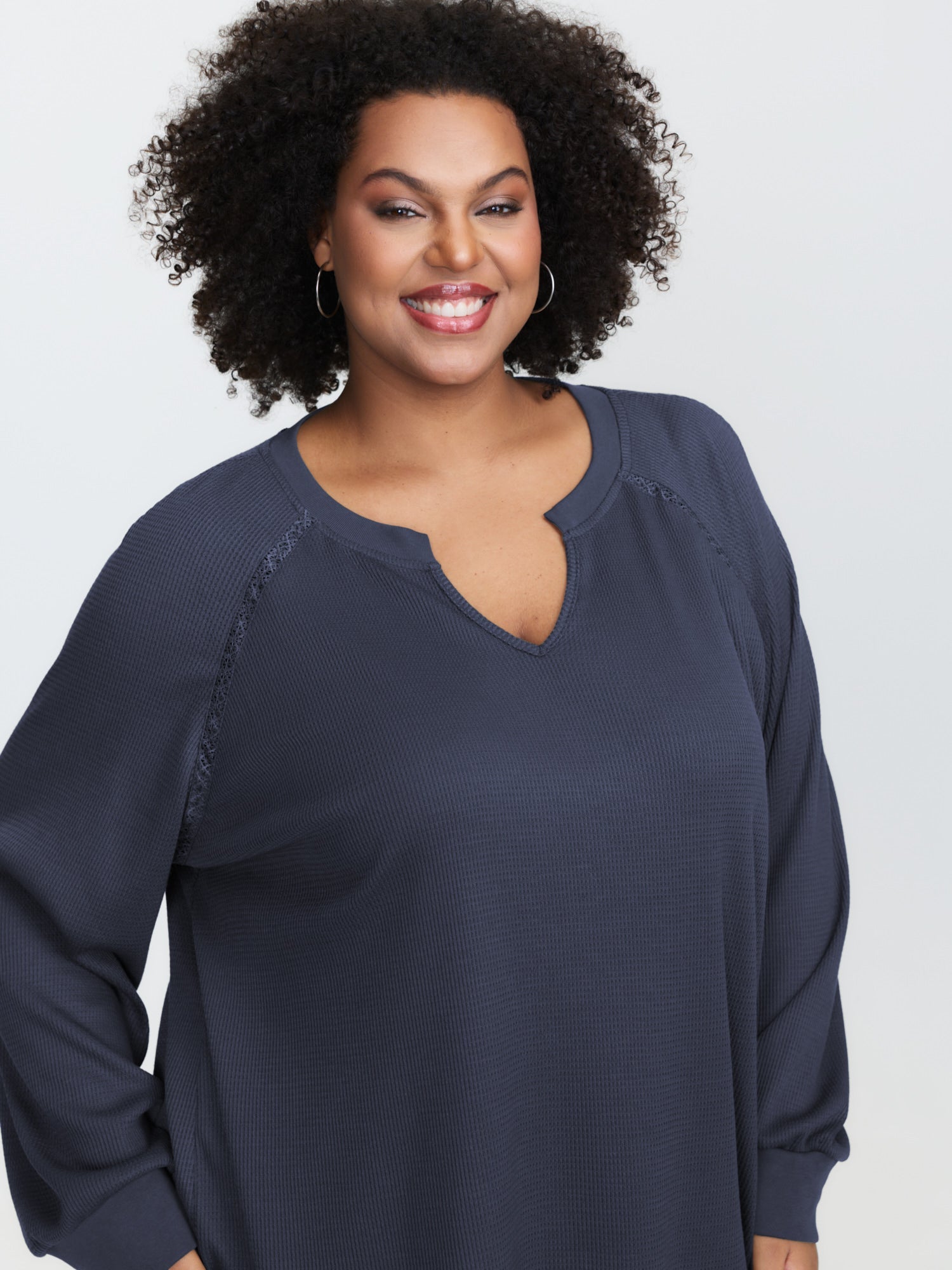 Waffle Grid Notched Collar Lace Sweatshirt