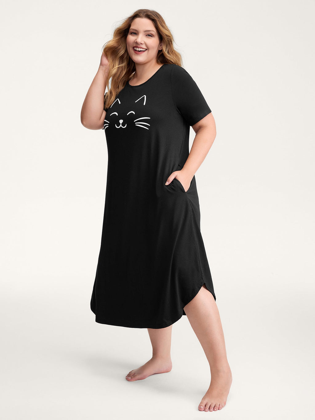 Happy Cat Print Stretchy Contrast Sleep Dress