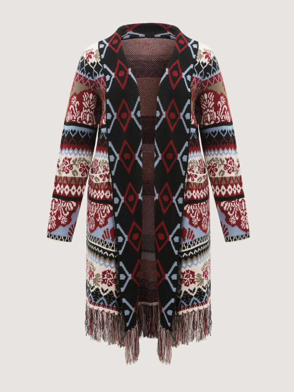 Fair-Isle Pattern Jacquard Fringes Knit Cardigan