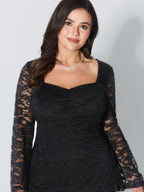 Lace Trim Sweetheart Neck Ruched Knit Top