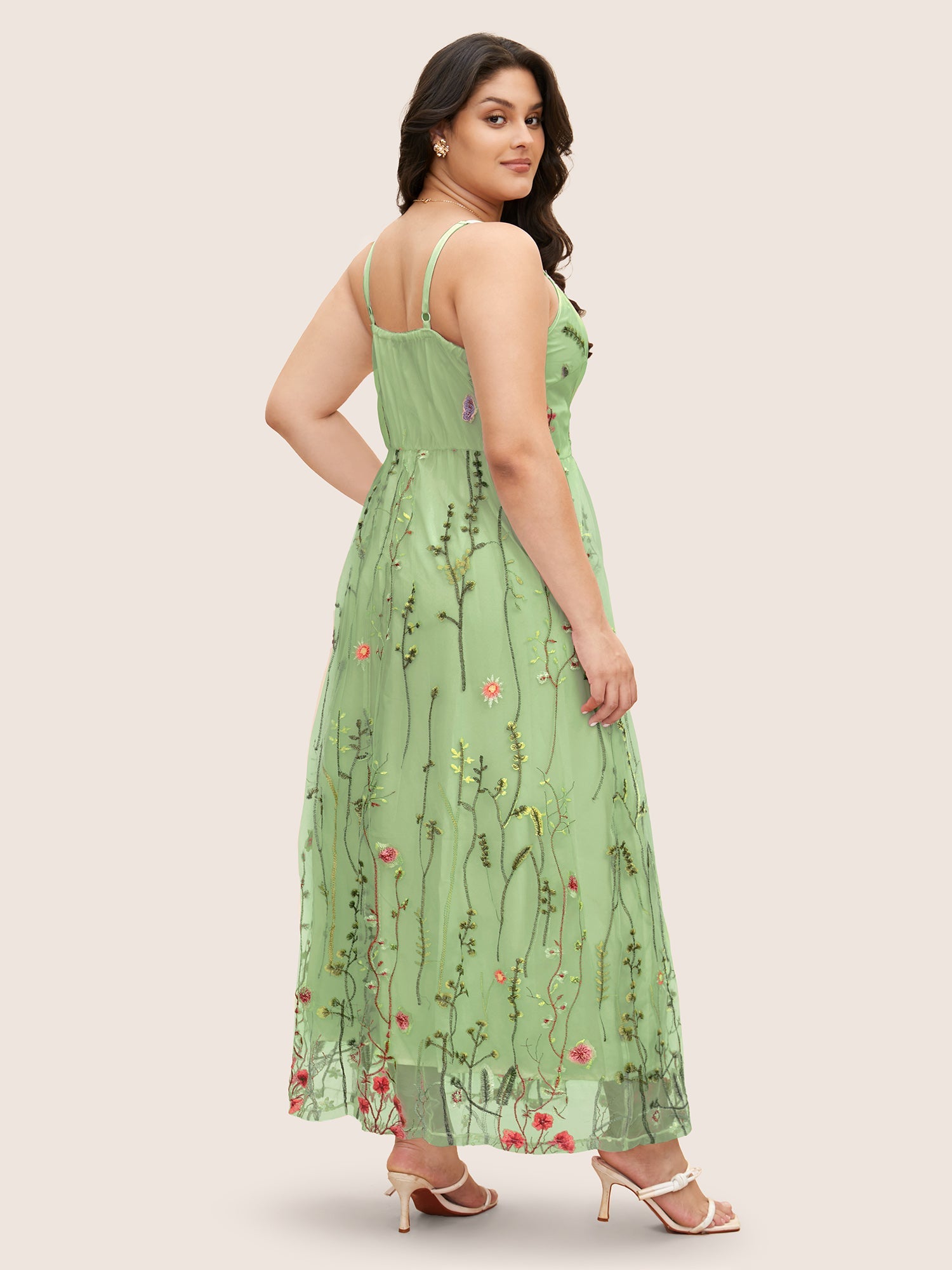 U Neck Floral Embroidered Mesh Cami Dress