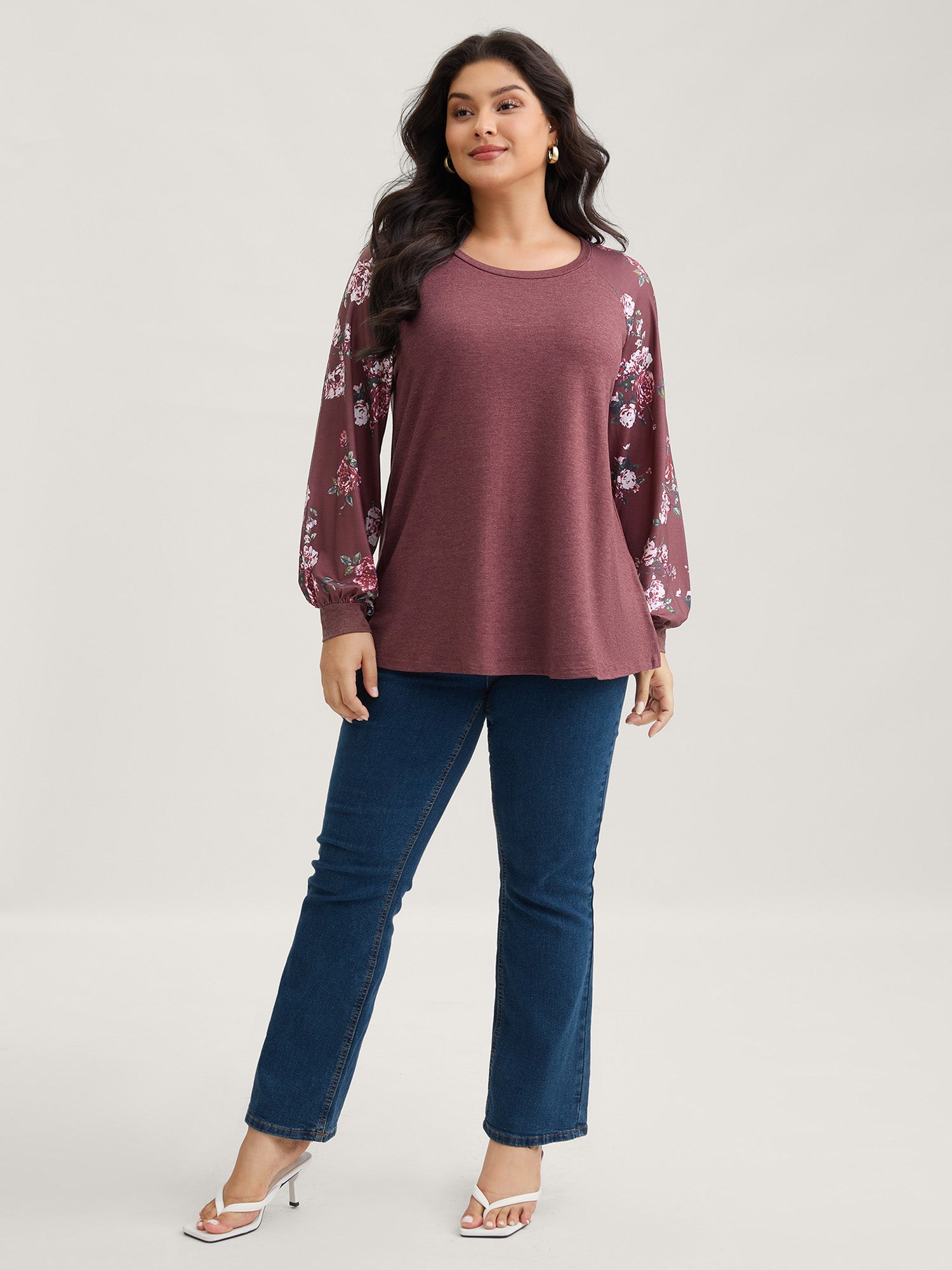 Floral Patchwork Crew Neck Raglan Sleeve T-shirt