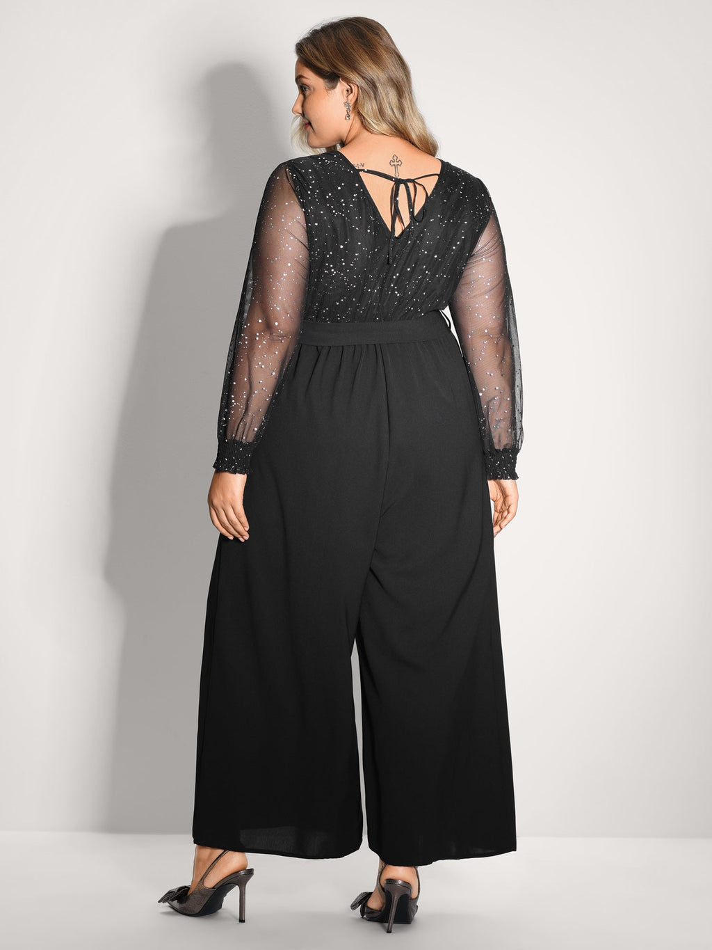 Sparkly V Neck Sheer Belted Wide Leg Jumpsuit