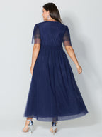 Rhinestone Triangular Mesh Cinched-Waist Maxi Dress