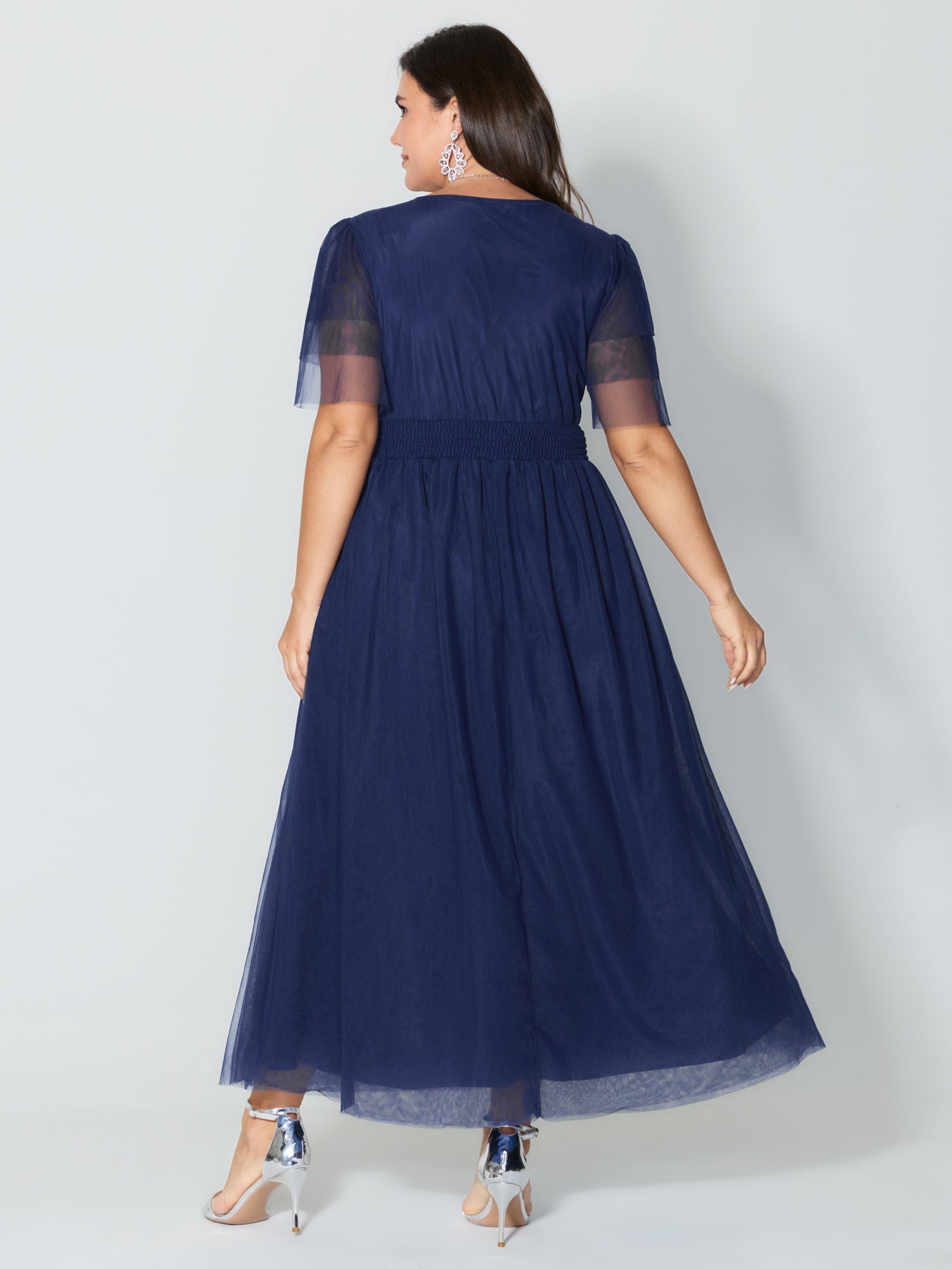 Rhinestone Triangular Mesh Cinched-Waist Maxi Dress