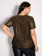 Shimmery Wrap Neck Sheer Sleeve T-Shirt