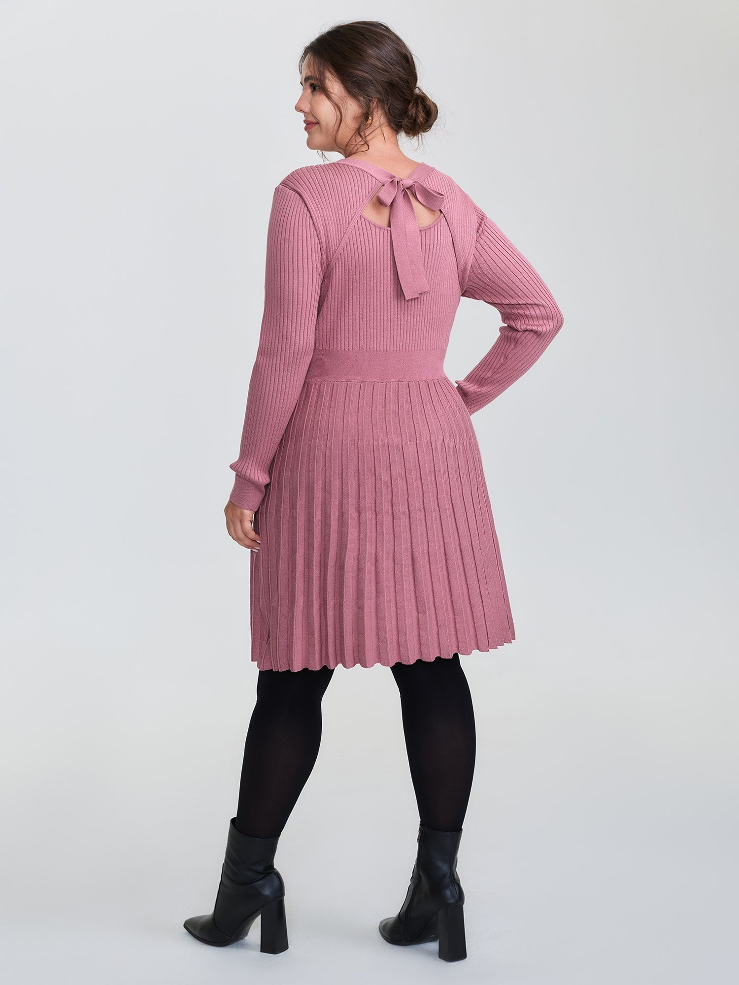 Ribbed Cinched-Waist Bowtie Sweater Dress