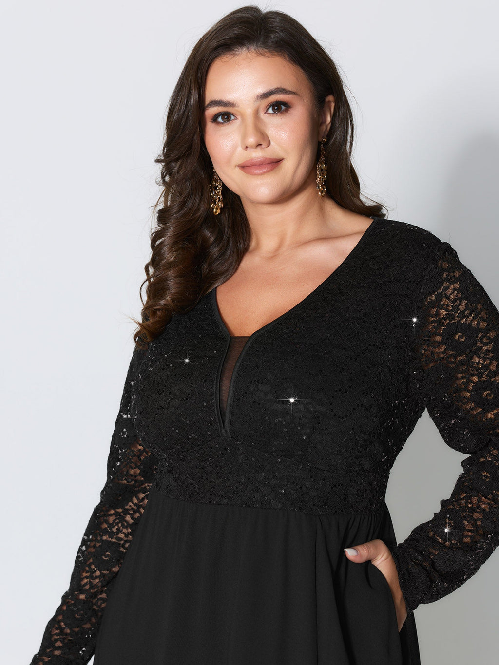 Sheer Lace V-Neck Shirred Waist Midi Dress