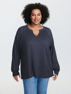 Waffle Grid Notched Collar Lace Sweatshirt