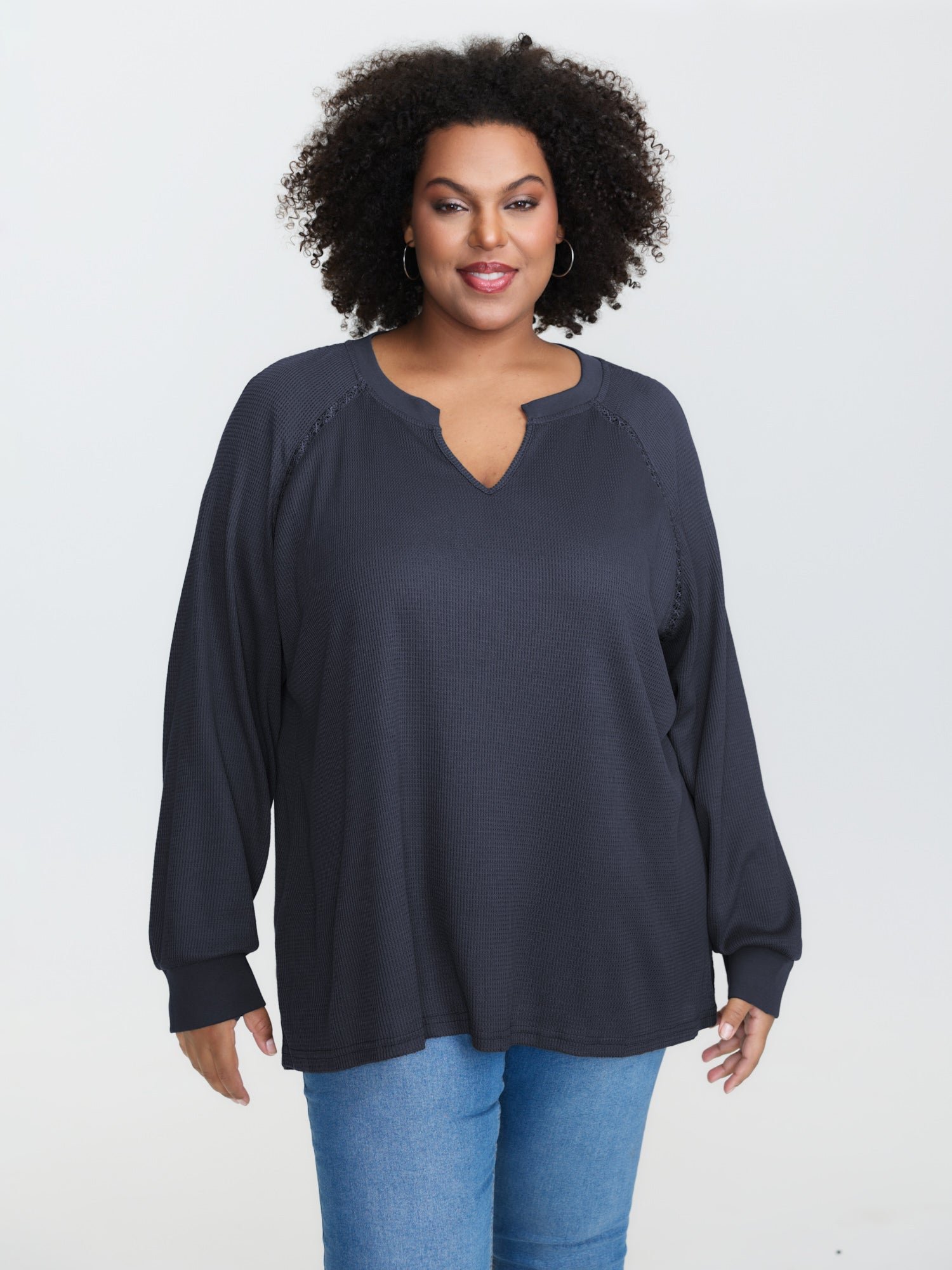 Waffle Grid Notched Collar Lace Sweatshirt