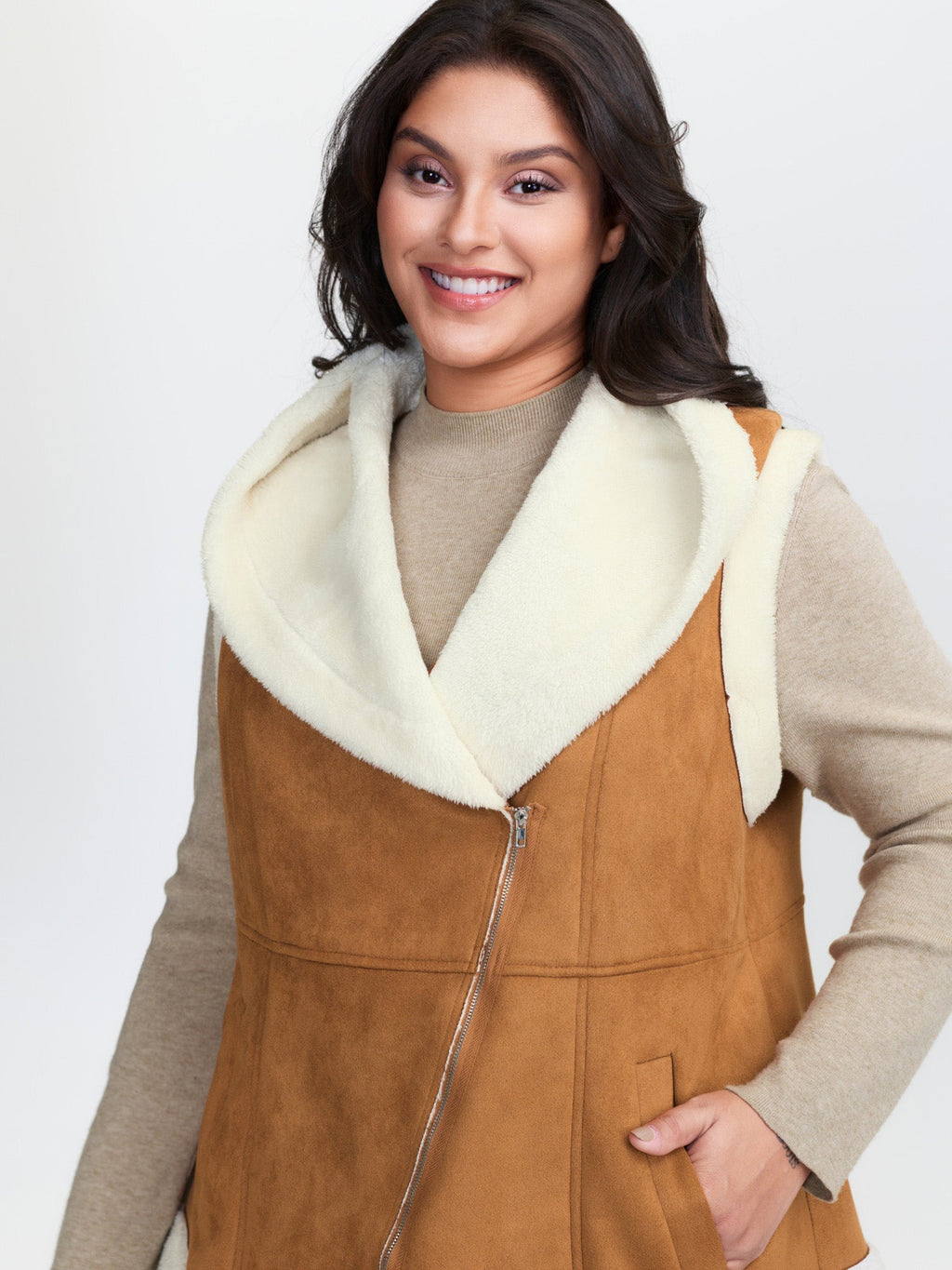 Suede Fluffy Zipper Hooded Vest Coat