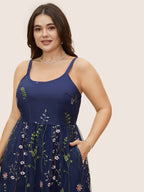 U Neck Floral Embroidered Mesh Cami Dress