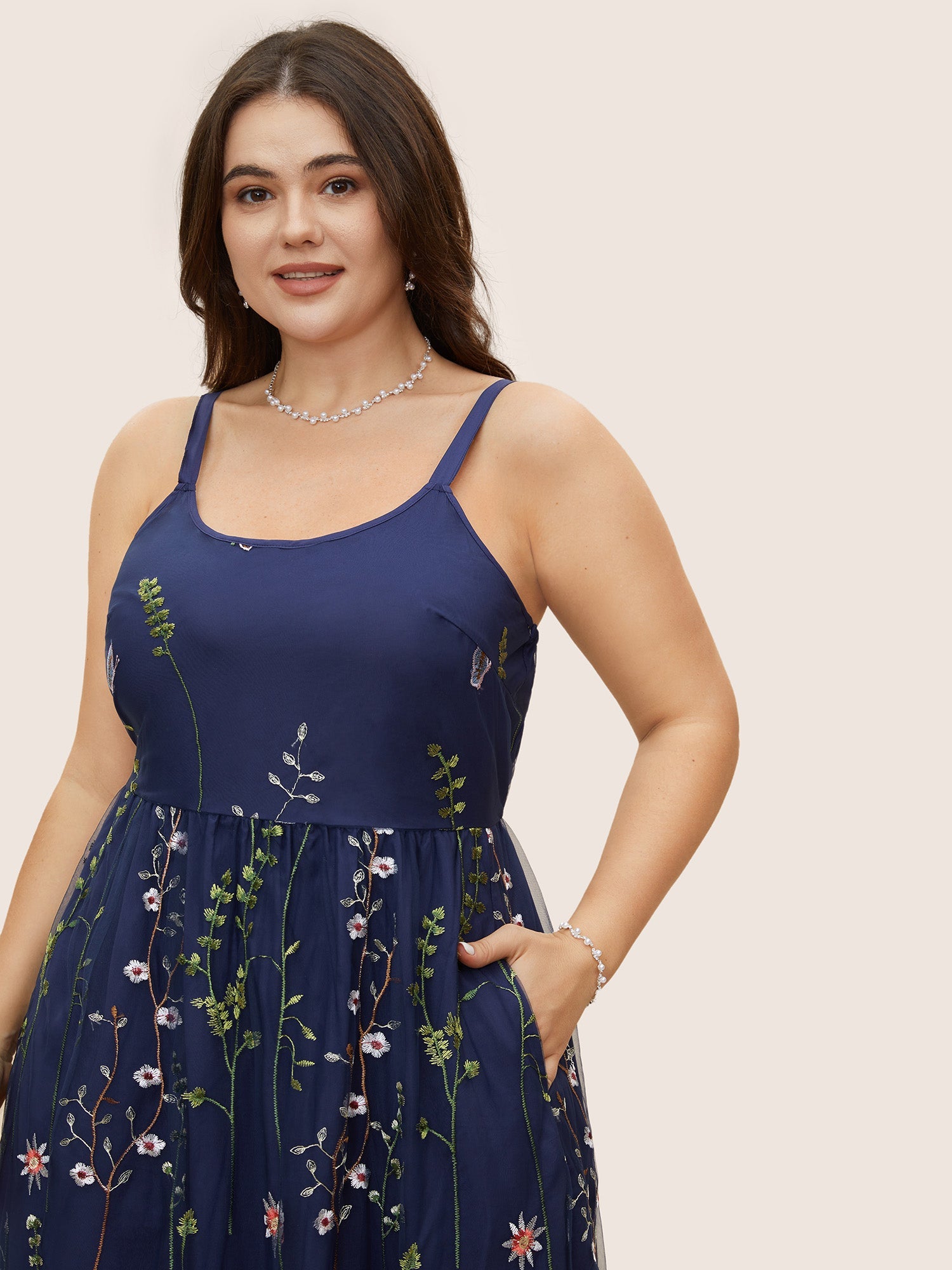 U Neck Floral Embroidered Mesh Cami Dress