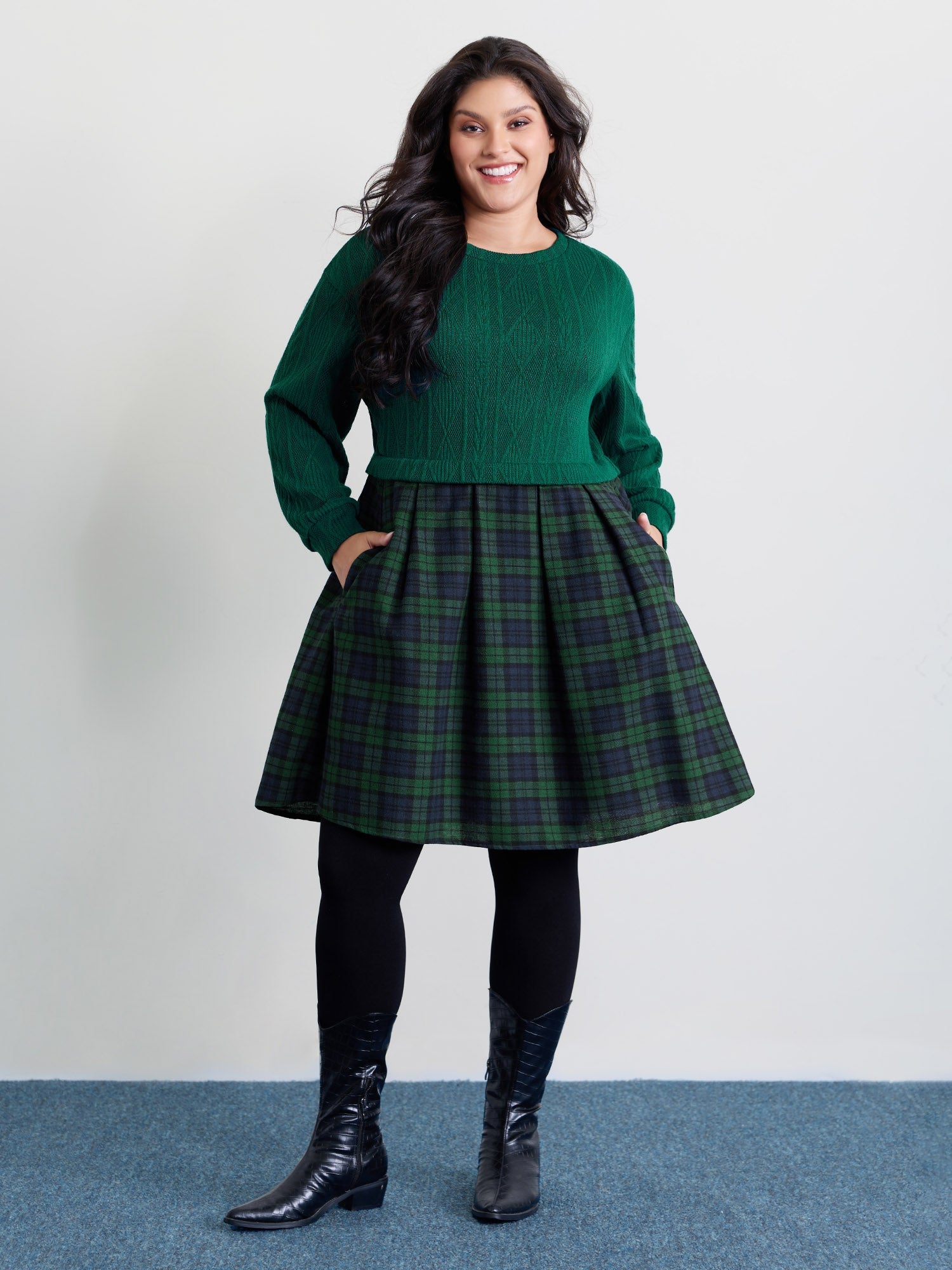 Layered Plaid Pockets Midi Dress