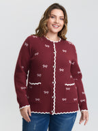 Bowknot Jacquard Wavy Edge Knit Cardigan