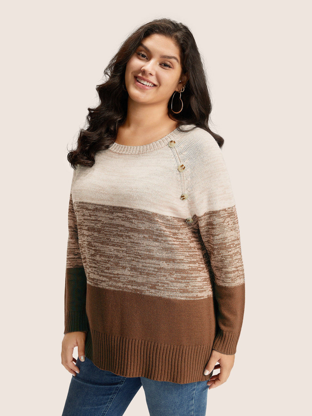 Colorblock Contrast Heather Button Detail Pullover