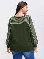Stripe Boat Neck Balloon Sleeve Pullover