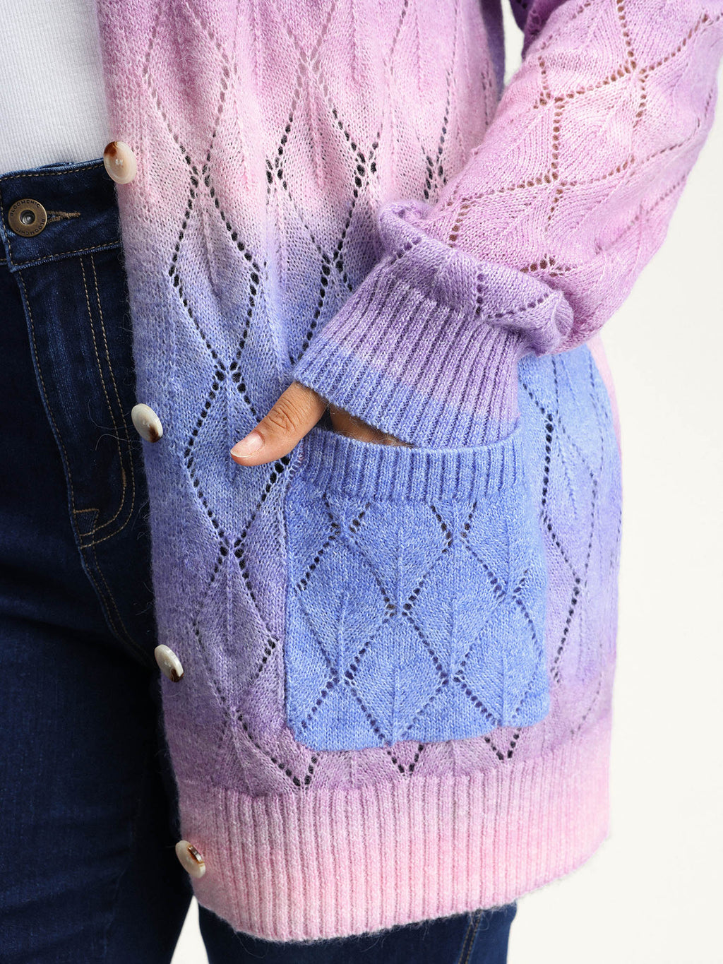 Ombre Gradient Eyelet Trim Knit Cardigan