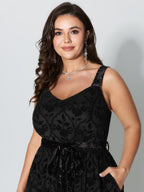 Flocked Spliced Velvety Tie Midi Dress