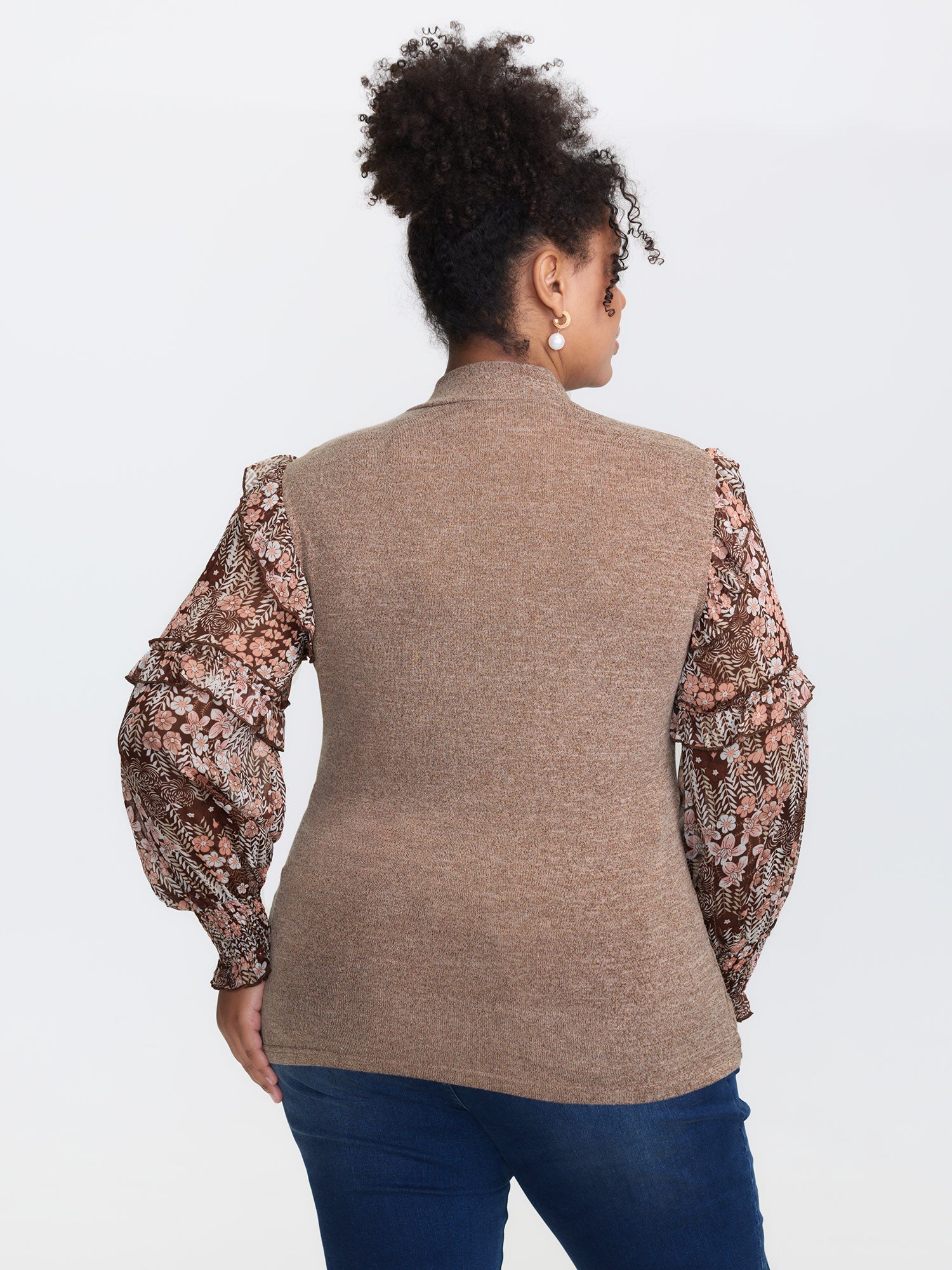 Floral Print Heather Mock Neck Knit Top