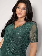 Shimmery Wrap Neck Sheer Sleeve T-Shirt