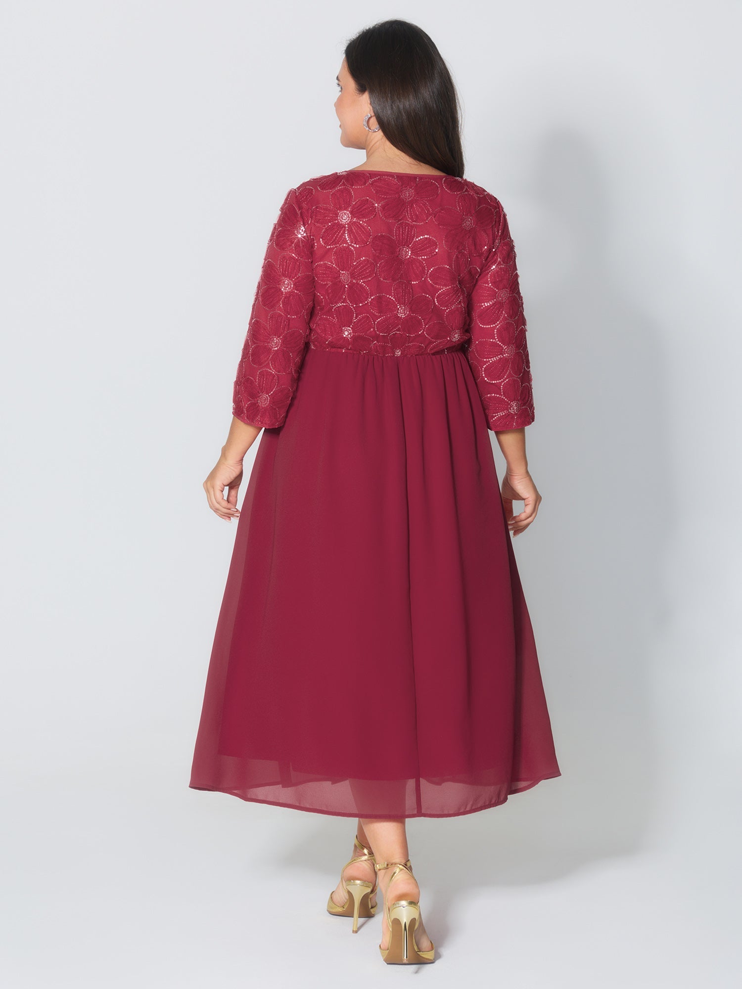 Sequin Floral Tulle Shirred Waist Maxi Dress