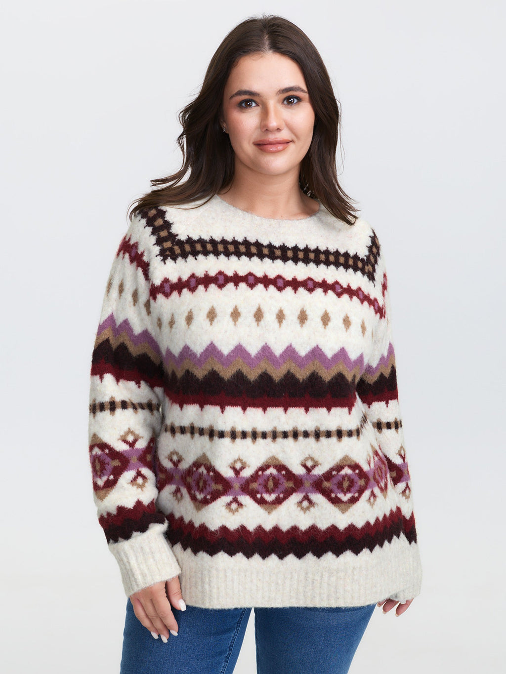 Boho Print Round Neck Ribbed Hem Pullover