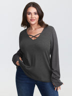 Textured Stretchy Cut-Out Neckline T-Shirt