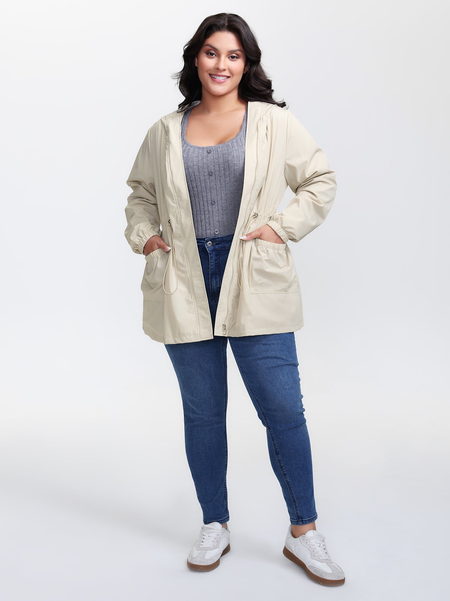 Drawstring Waist Pockets Hooded Coat