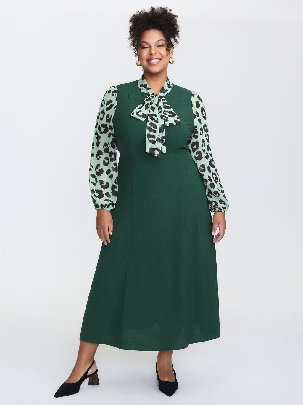 Leopard Print Ribbon Collar Midi Dress