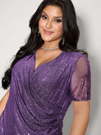 Shimmery Wrap Neck Sheer Sleeve T-Shirt