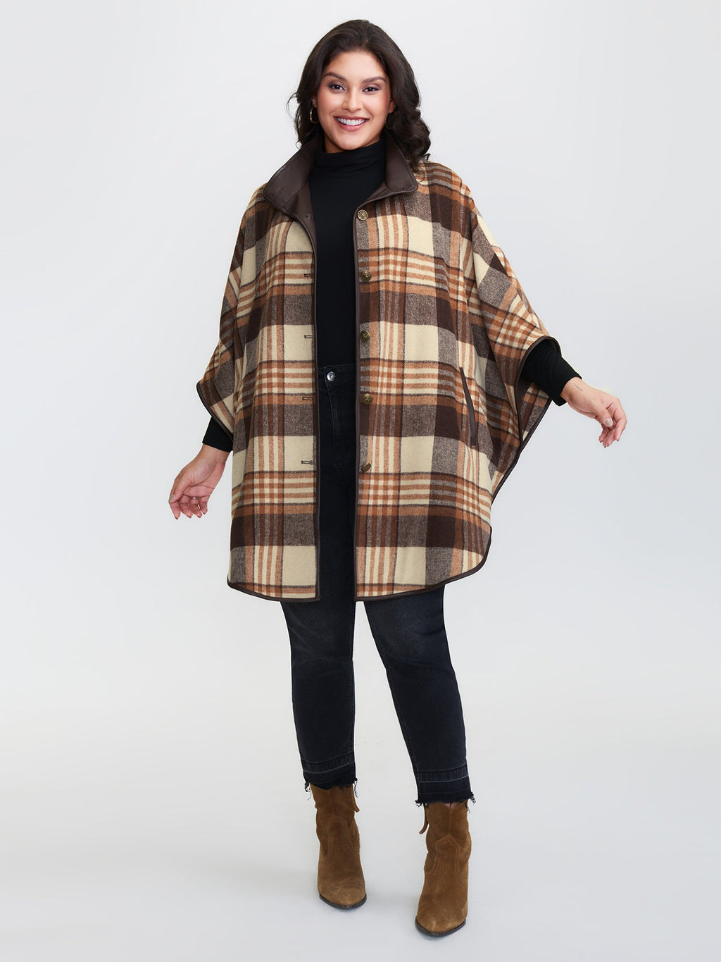 Plaid Print Collar Pockets Coat
