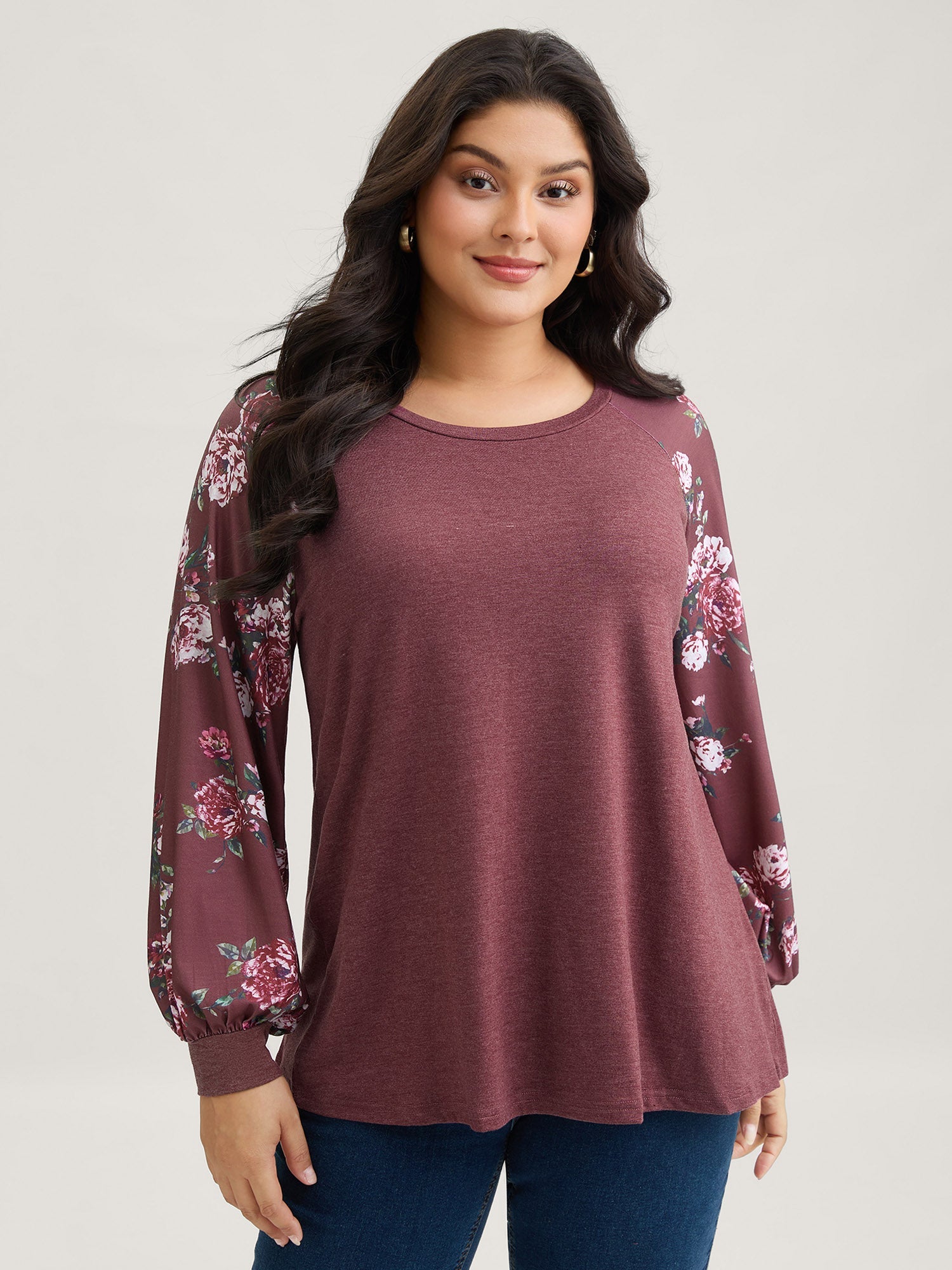 Floral Patchwork Crew Neck Raglan Sleeve T-shirt