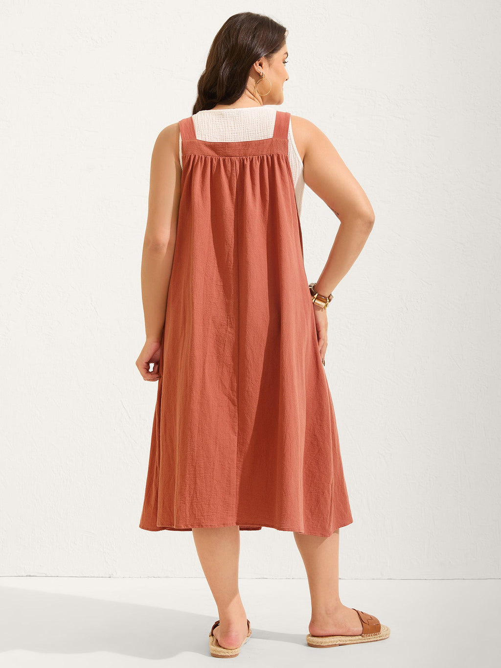 Pure Cotton Pleated Pockets Midi Dress